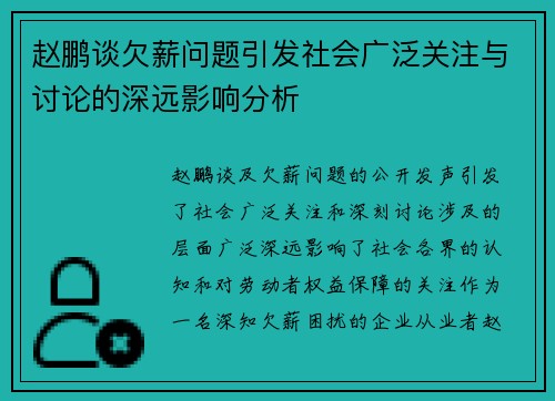 赵鹏谈欠薪问题引发社会广泛关注与讨论的深远影响分析